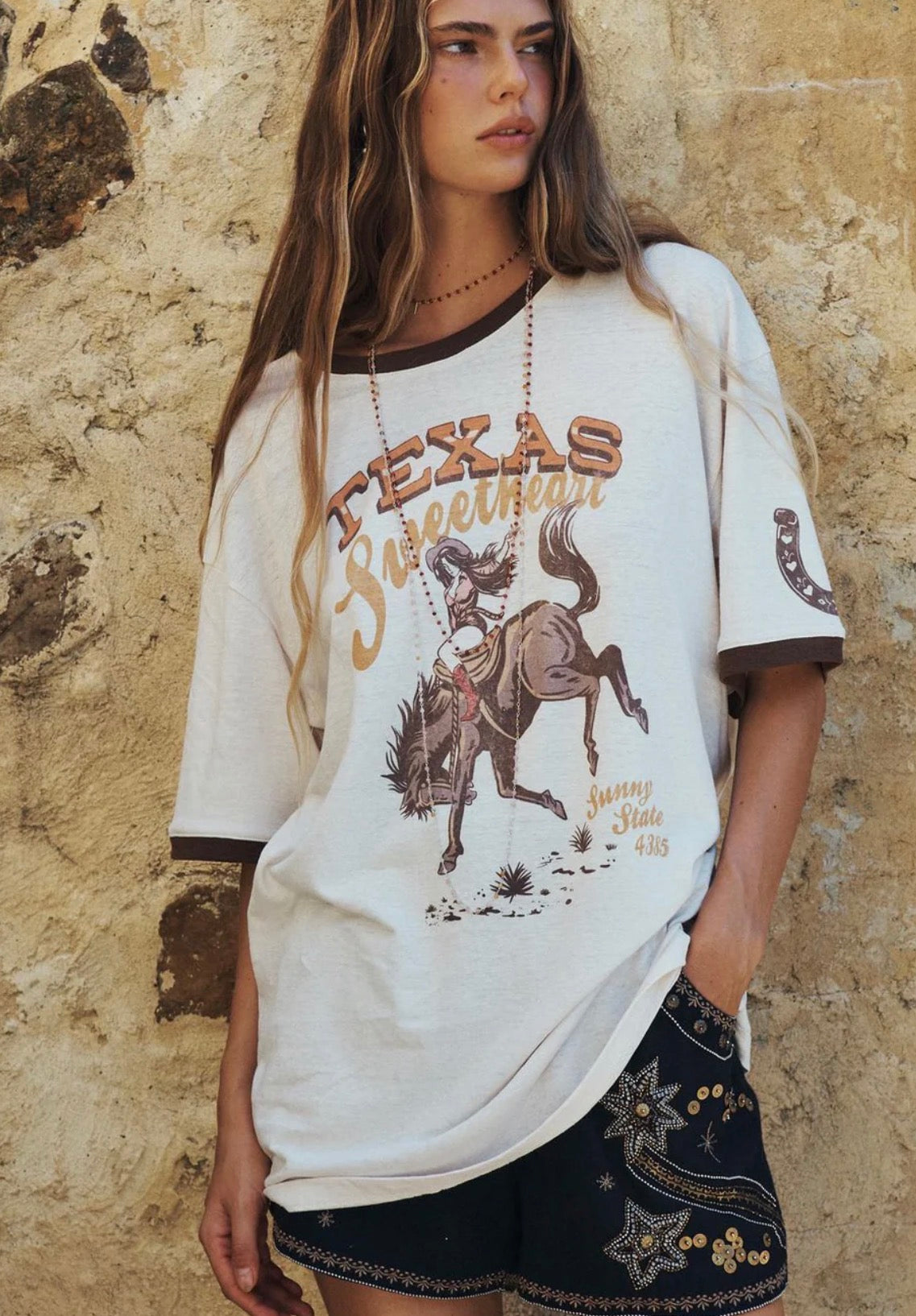 Texas Sweetheart Oversized Biker Tee - Vintage Cream