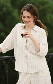 Alfie Striped Button Up Top - Linen