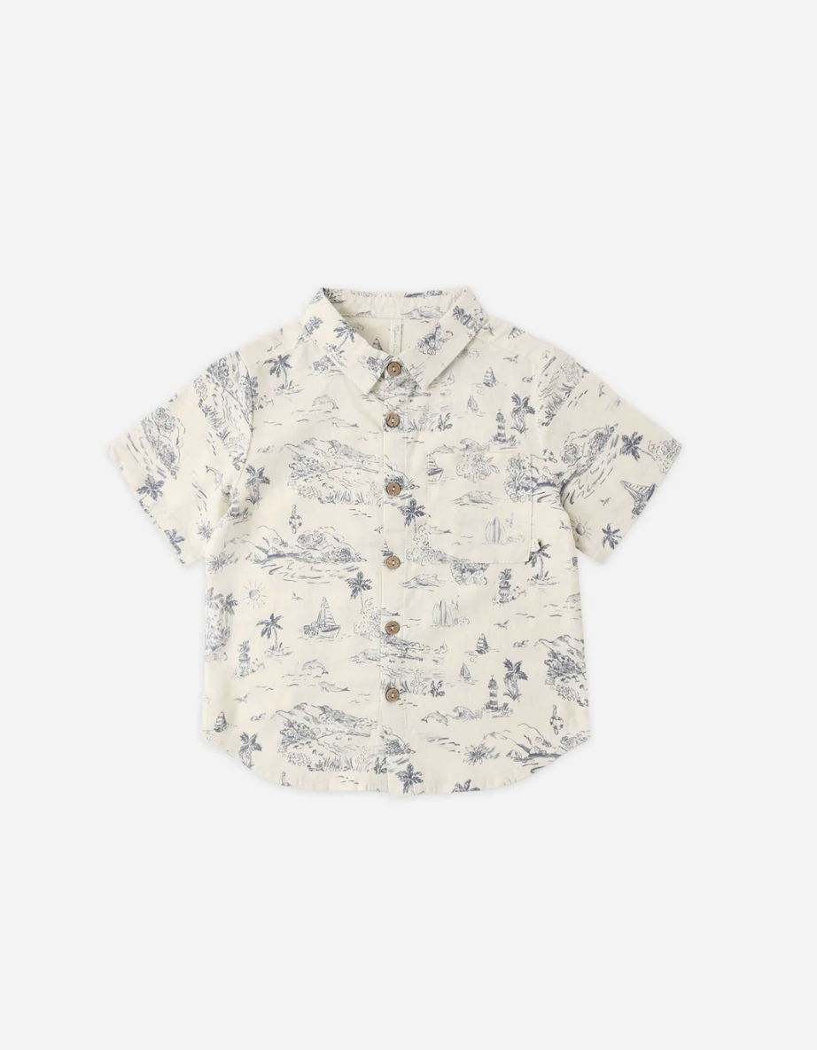 Collared Short Sleeve Shirt - Ocean Toile