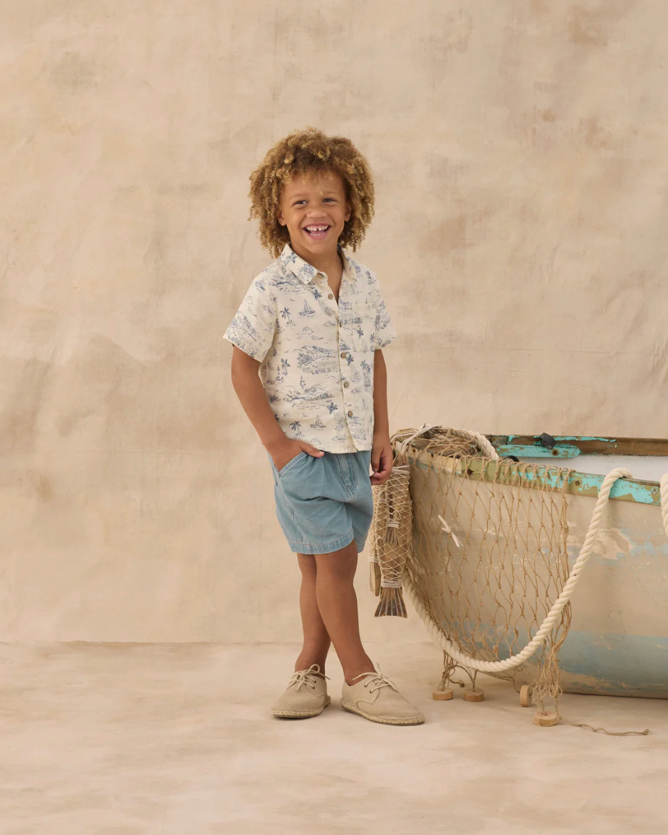 Collared Short Sleeve Shirt - Ocean Toile