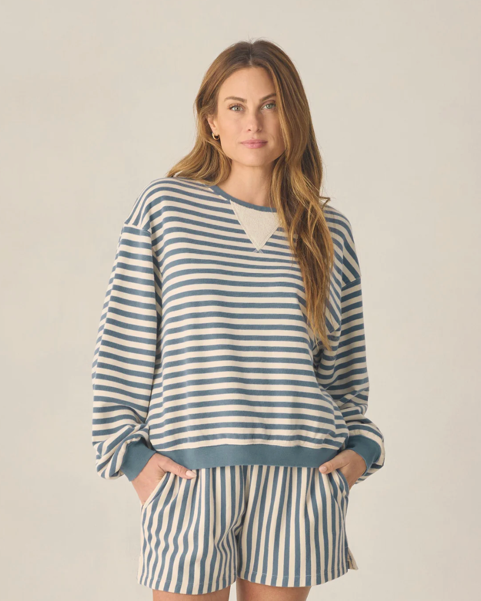 Oversized Crew And Short Set - Marine Stripe