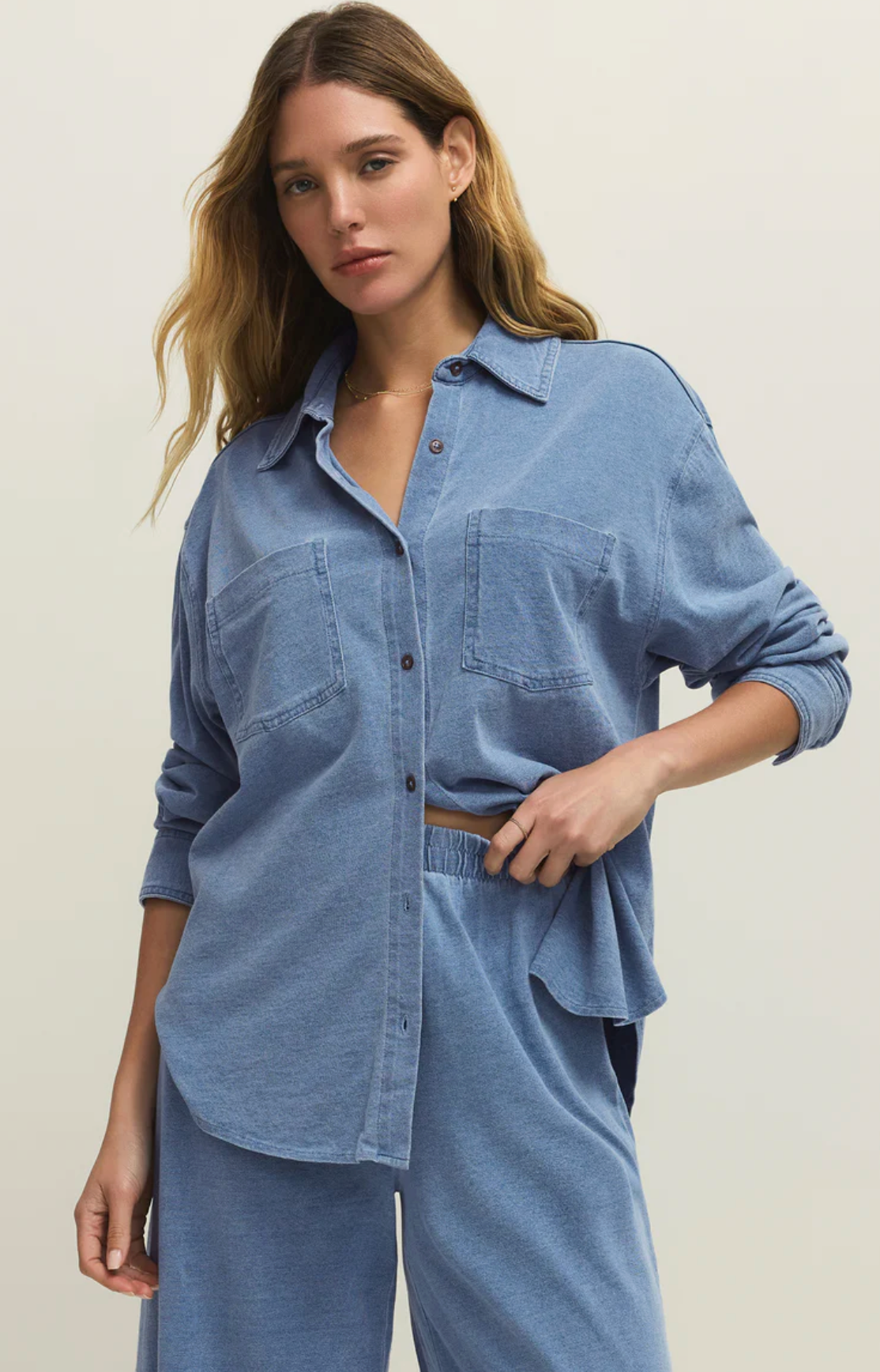 Reese Jersey Denim Button Up - Santorini Indigo
