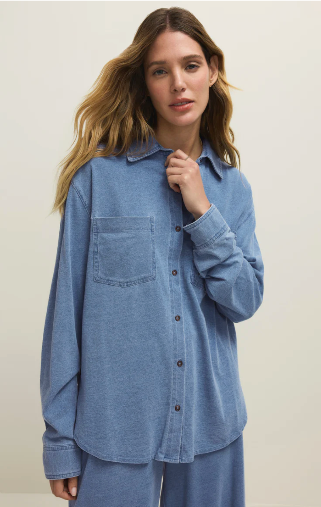 Reese Jersey Denim Button Up - Santorini Indigo