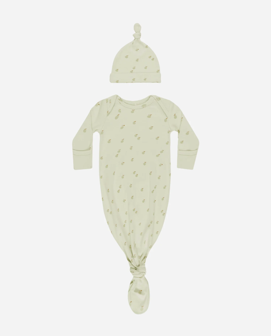 Knotted Baby Gown + Hat Set - Apples