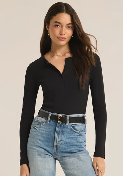 Samara Rib Henley Bodysuit - Black