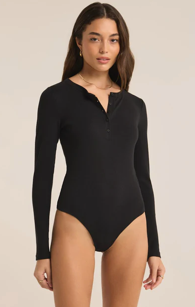 Samara Rib Henley Bodysuit - Black
