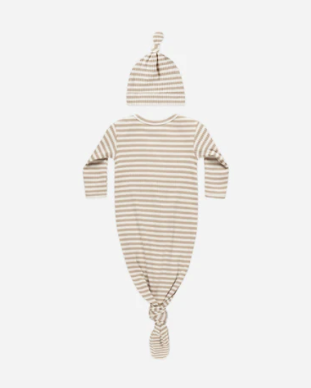 Knotted Baby Gown + Hat Set || Latte Stripe