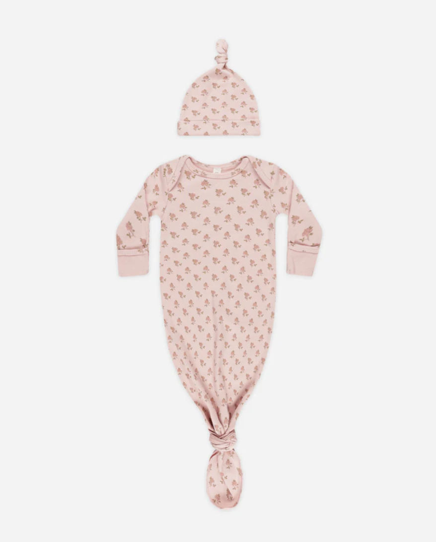 Knotted Baby Gown + Hat - Roses