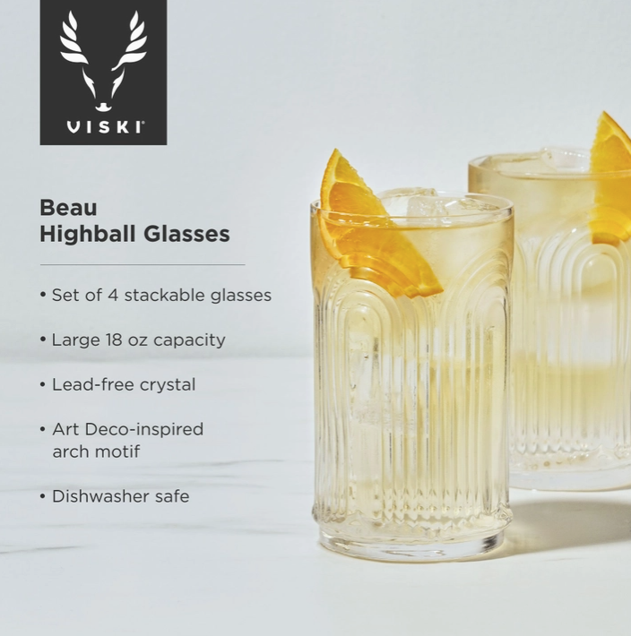 Deco Beau Crystal Highball Glasses - Set of 4