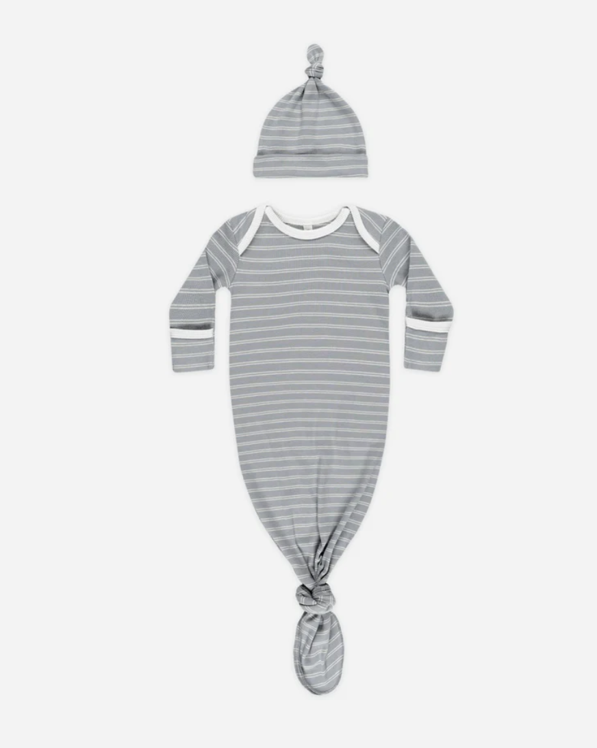 Knotted Baby Gown + Hat - Blue Pinstripe