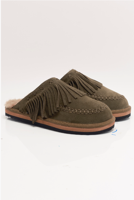Fallon Fringe Mule - Military Olive Suede