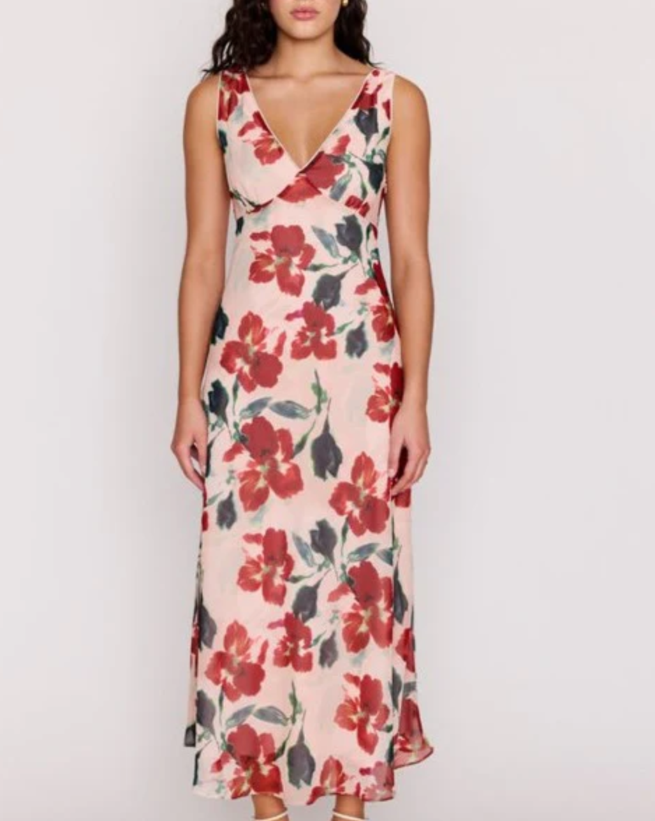 Arabella Bias Midi Dress - Red Floral