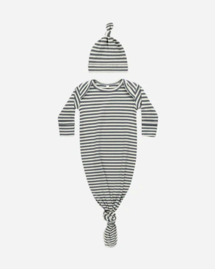 Knotted Baby Gown + Hat Set || Indigo Stripe