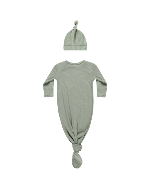 Knotted Baby Gown + Hat Set - Basil