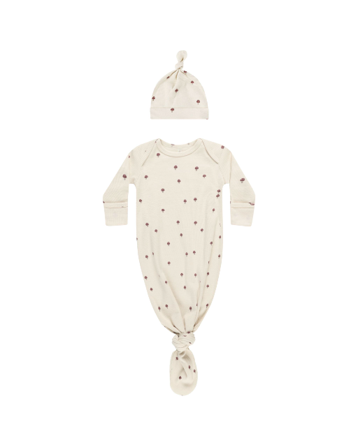 Knotted Baby Gown + Hat Set - Mushrooms