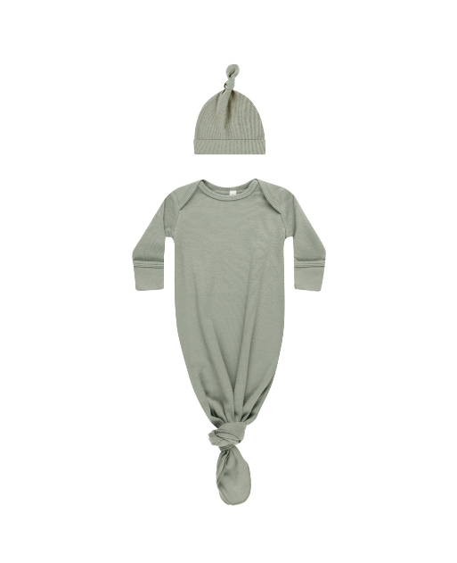 Knotted Baby Gown + Hat Set - Basil