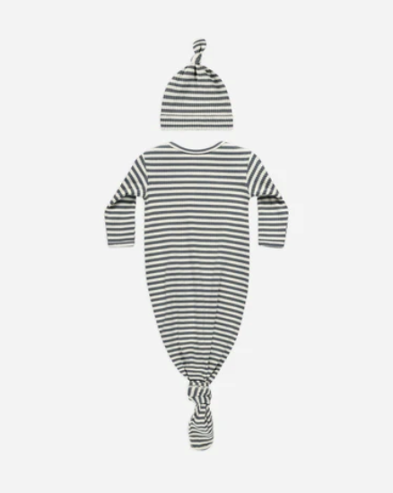 Knotted Baby Gown + Hat Set || Indigo Stripe