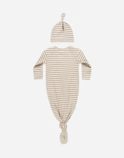 Knotted Baby Gown + Hat Set || Latte Stripe