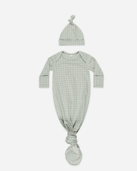 Knotted Baby Gown + Hat Set || Sage Grid