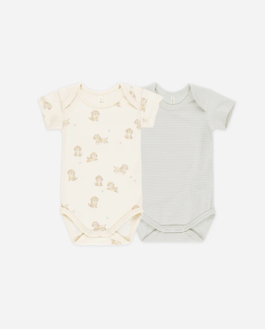 Short Sleeve Bodysuit, 2 Pack || Puppies, Blue Micro Stripe