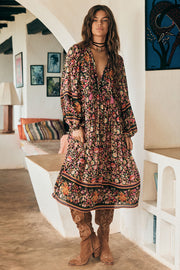 Impala Lily Boho Midi Dress - Night Blossom