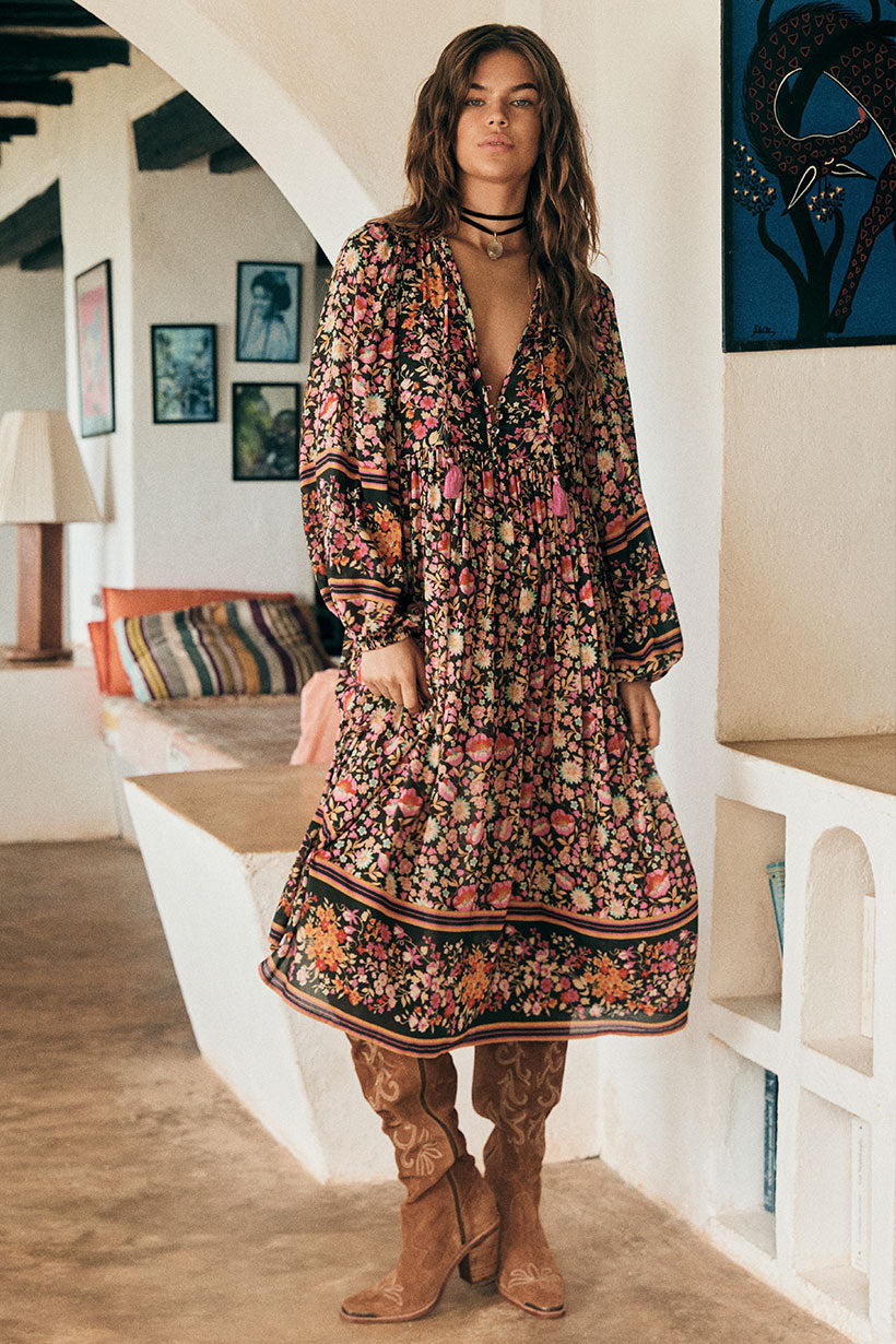 Impala Lily Boho Midi Dress - Night Blossom